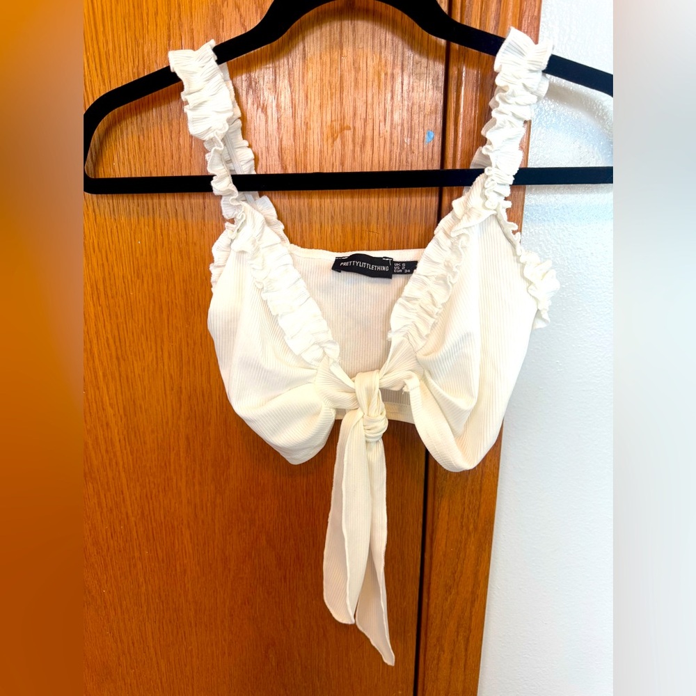 Pretty Little Thing size white, tie front crop long ruffle strap